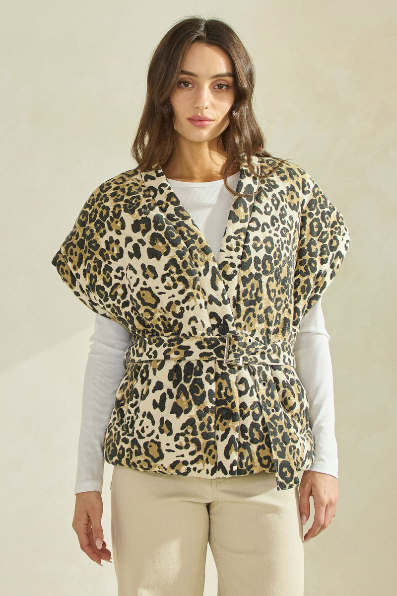 Belted Leopard Quilted Vest - Black/Cream
