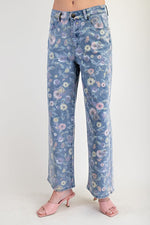 Floral Print Washed Twill Pant - Denim Blue