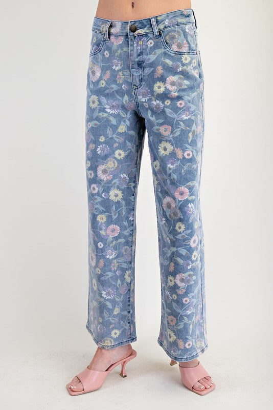 Floral Print Washed Twill Pant - Denim Blue