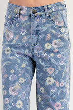 Floral Print Washed Twill Pant - Denim Blue