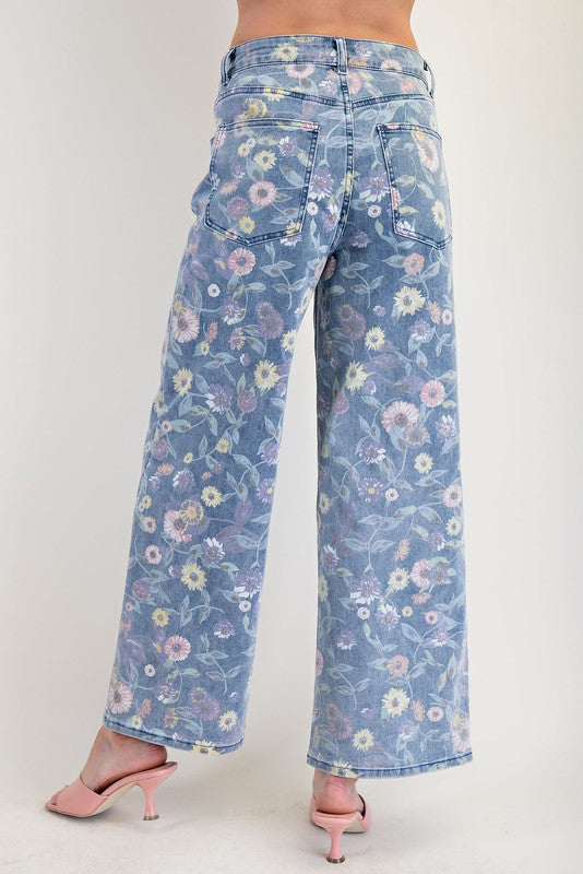 Floral Print Washed Twill Pant - Denim Blue