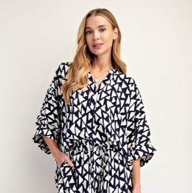Printed Banded Half-Sleeve Top - Blackberry