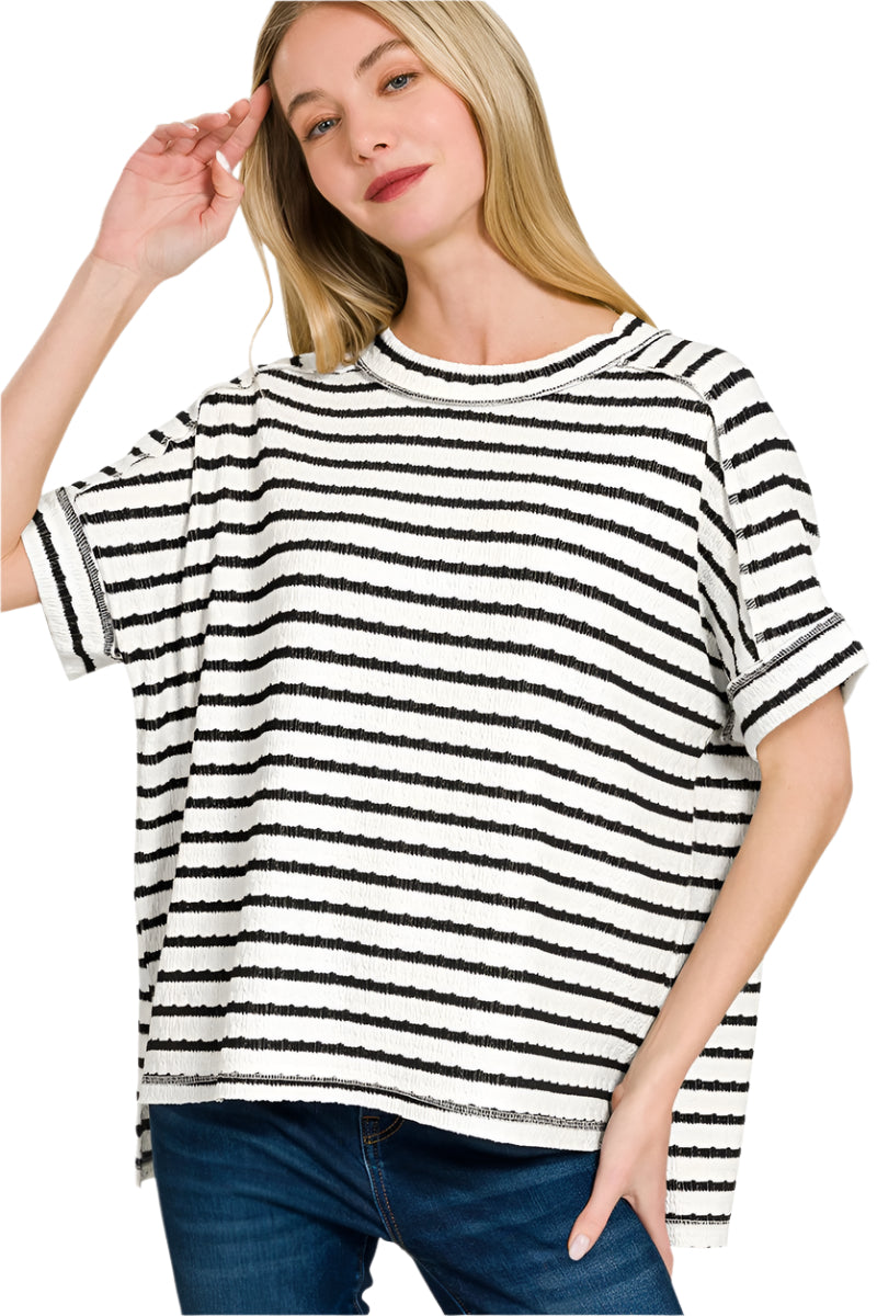 Striped Jacquard Round Neck Top - Black