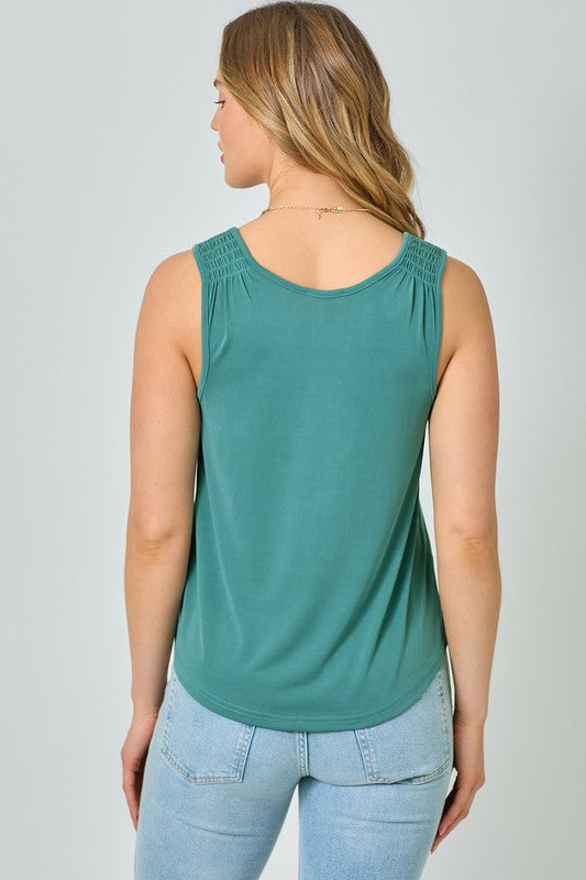 Modal Smocked Shoulder Tank Top - Emerald