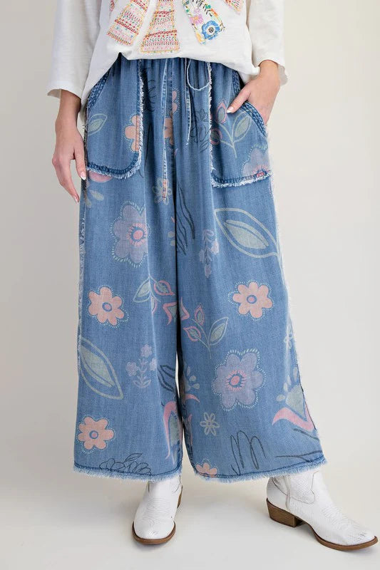 Floral Print Chambray Pant - Lt. Denim