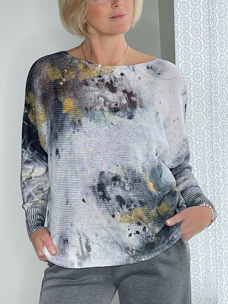 Dolman Sleeve "Painted" Knit Top - Grey