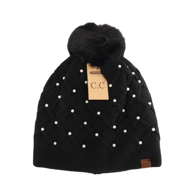 Pom Pearl Crochet Knit Hat - Black