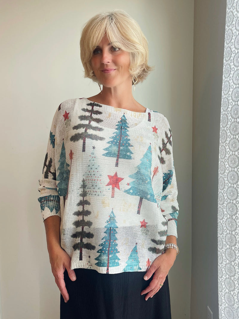 Dolman Sleeve Star Tree Knit Top - White