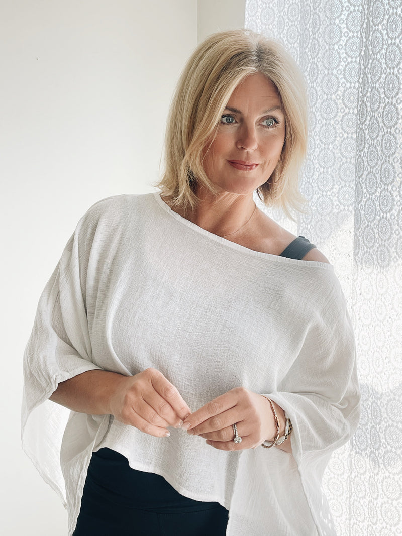 Linen Wide Sleeve Crop Top - White