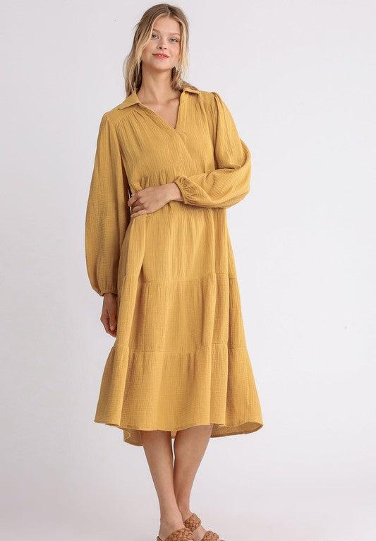 Split Neck Tiered Dress - Mustard
