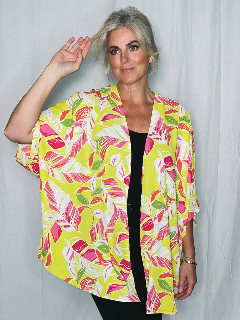 Dolman Sleeve Tropical Leaf Kimono - Chartreuse