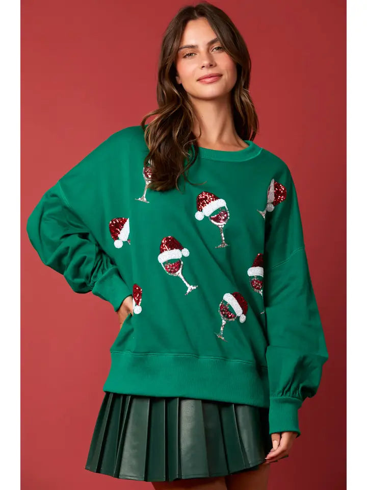 Santa Hat & Wine Sequin Top - Green