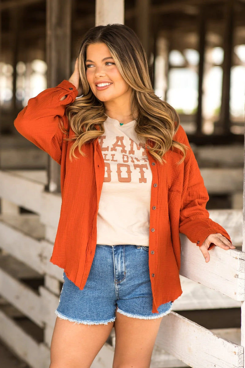 Distressed Crinkle Long Sleeve Top - Rust