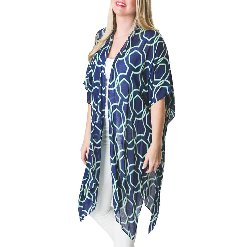 Geometric Print Kimono - Navy/Green