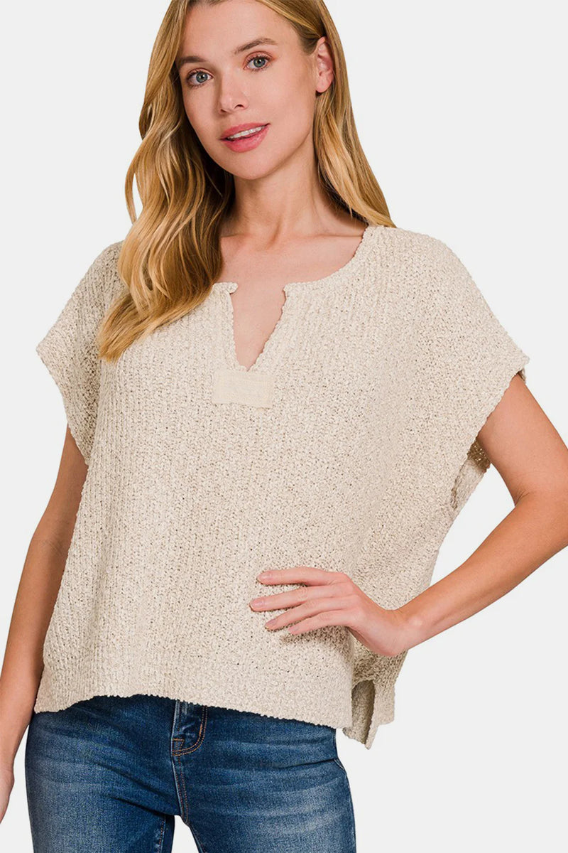 Sleeveless Split Neckline Sweater - Sand Beige