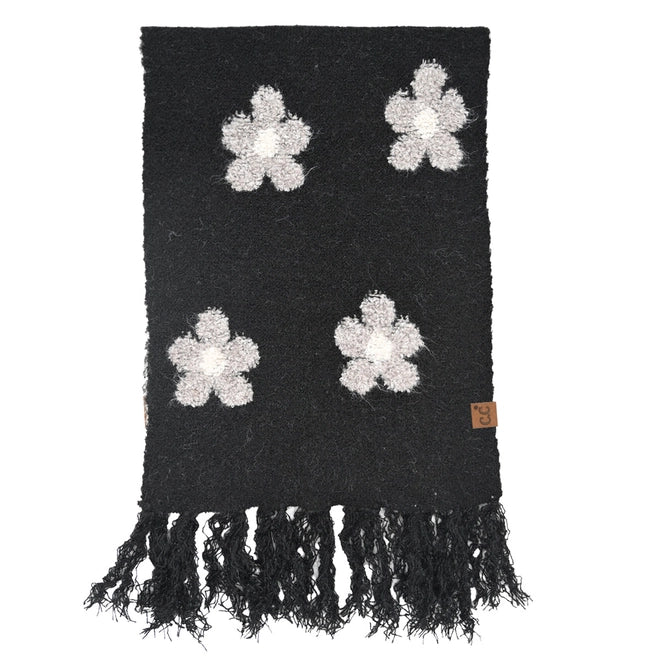 Whimsical Daisy Pattern Scarf - Black