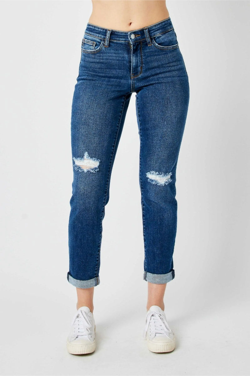 JB82607 Mid Rise Distressed Knee Jean - MD