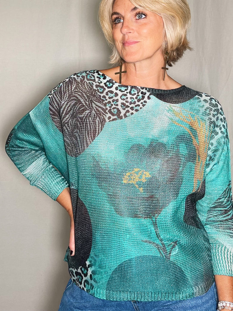 Dol Slve Abstract Animal Print Knit Top - Teal