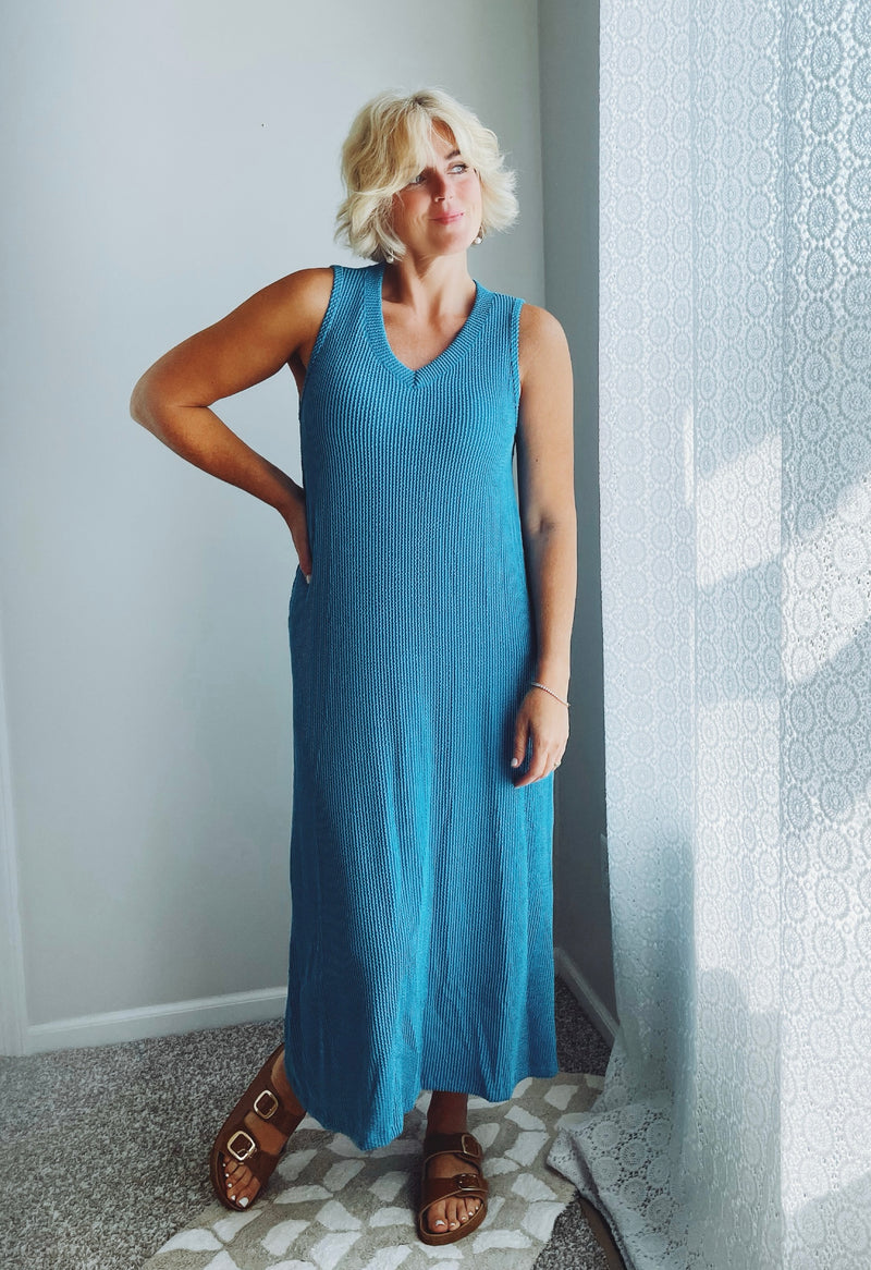 Sleeveless Ribbed Knit Maxi Dress - Tropical Blue