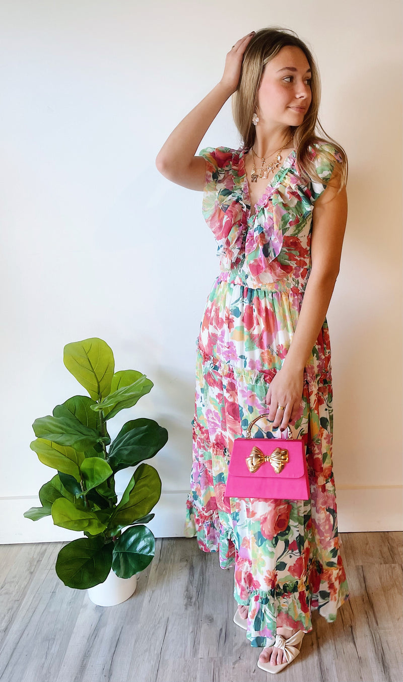 Ruffle V-Neck Floral Dress - Scarlet