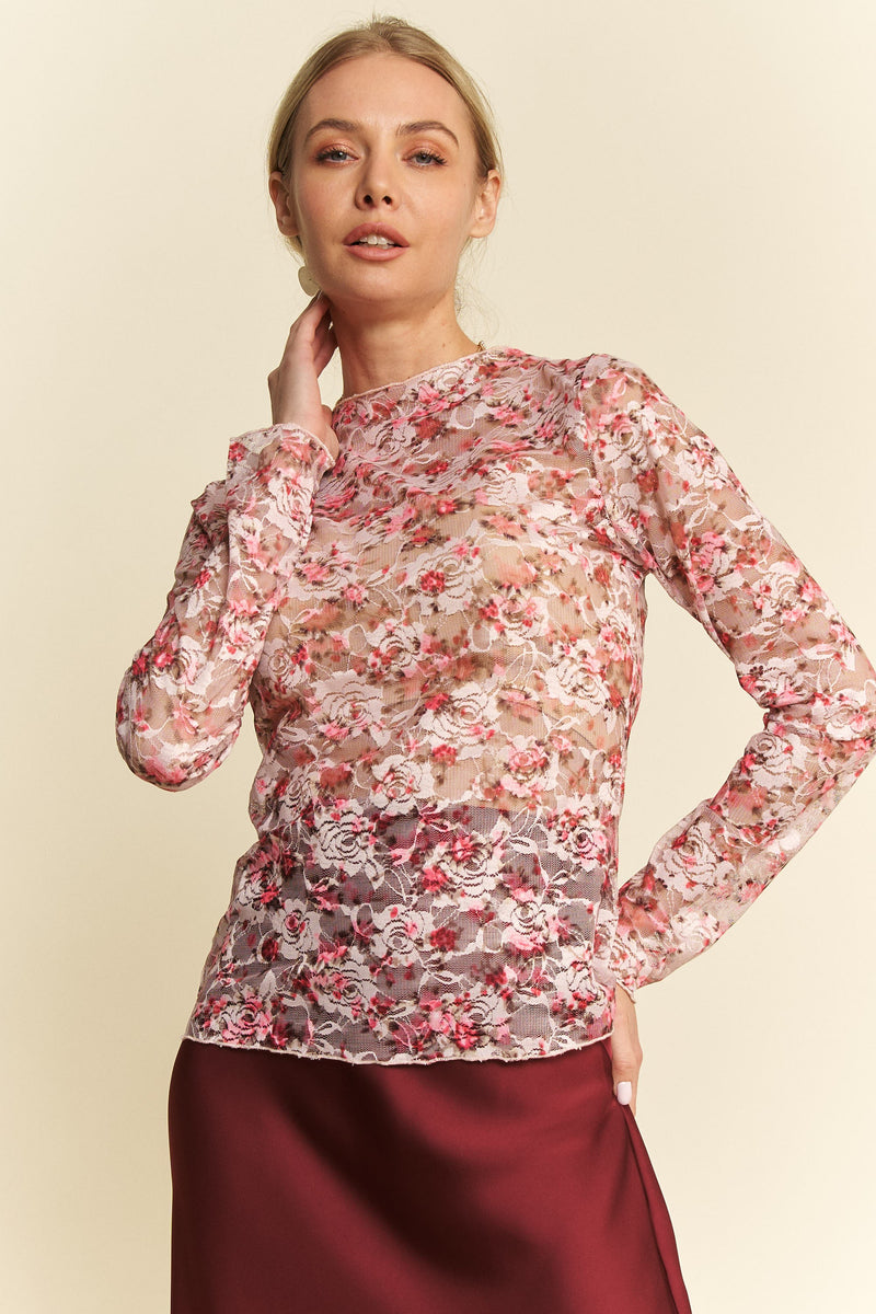 Mini Floral Mesh Long Sleeve Top - Pink