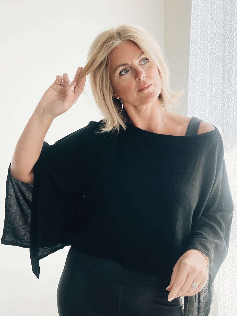 Linen Wide Sleeve Crop Top - Black