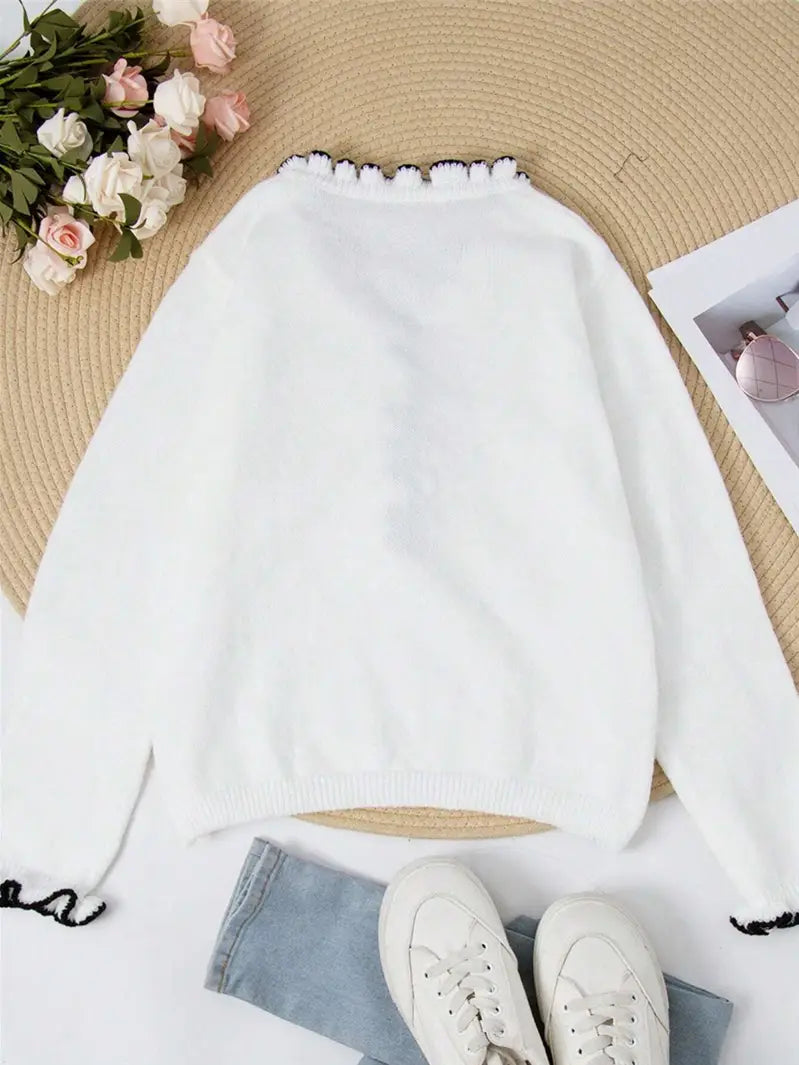 Contrasting Trim Pearl Button Sweater - White