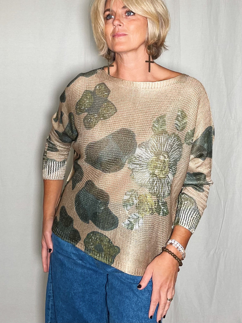 Dolman Sleeve "Spotted Floral" Knit Top - Green