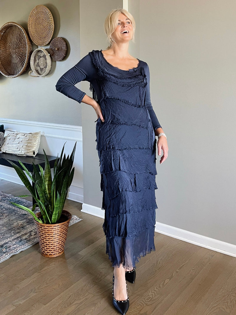 Long Sleeve Silkiness Dress- Navy