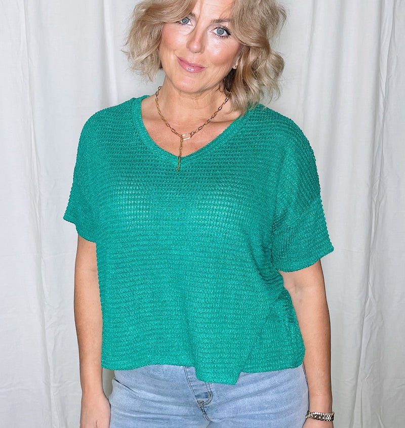 Waffle Knit V-Neck Crop Top - Kelly Green