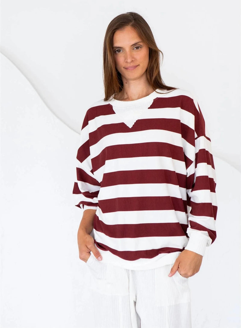 Striped V-Detail Top - Burgandy/White