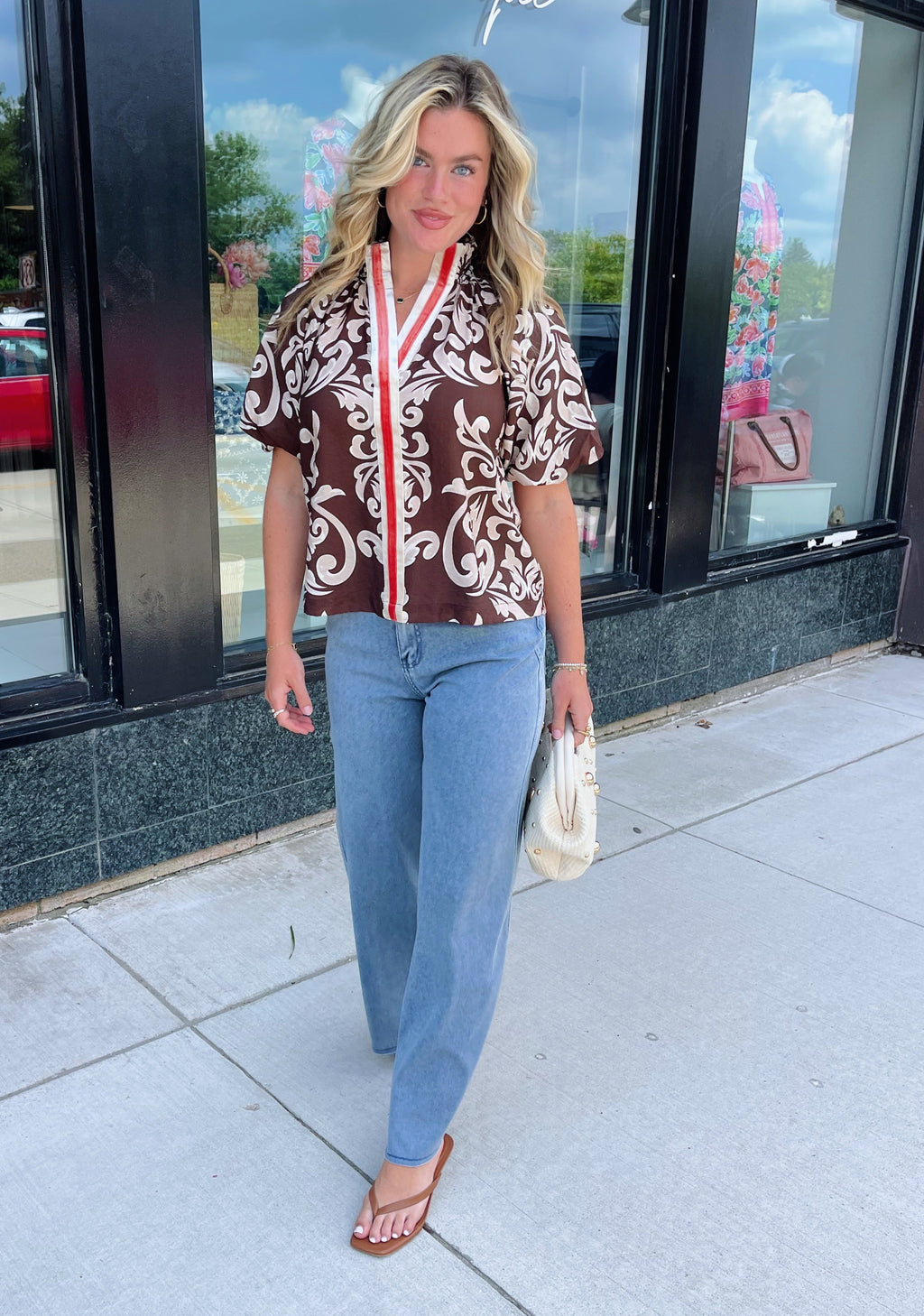 Satin Accent Puff Sleeve Top - Brown