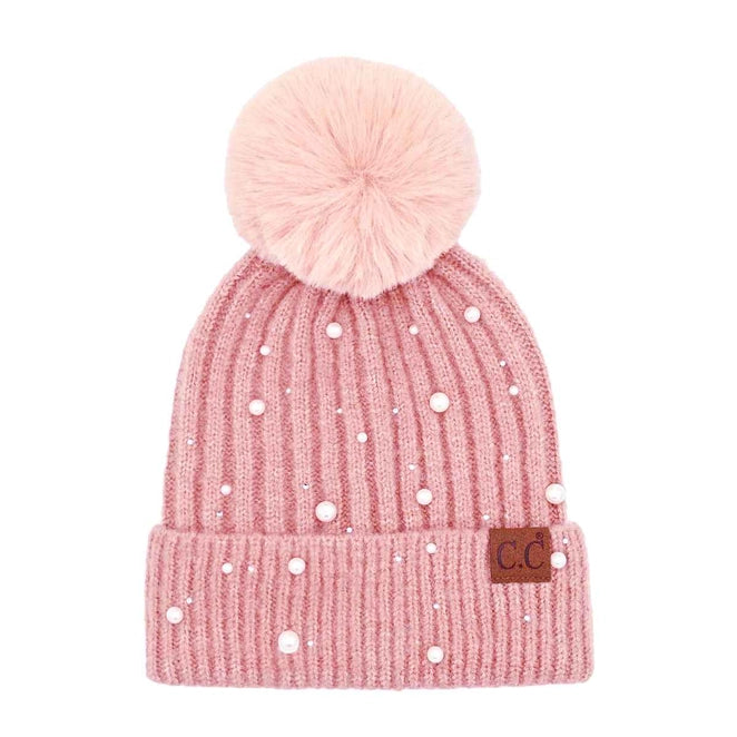 Pom Beanie Pearl Knit Hat - Rose