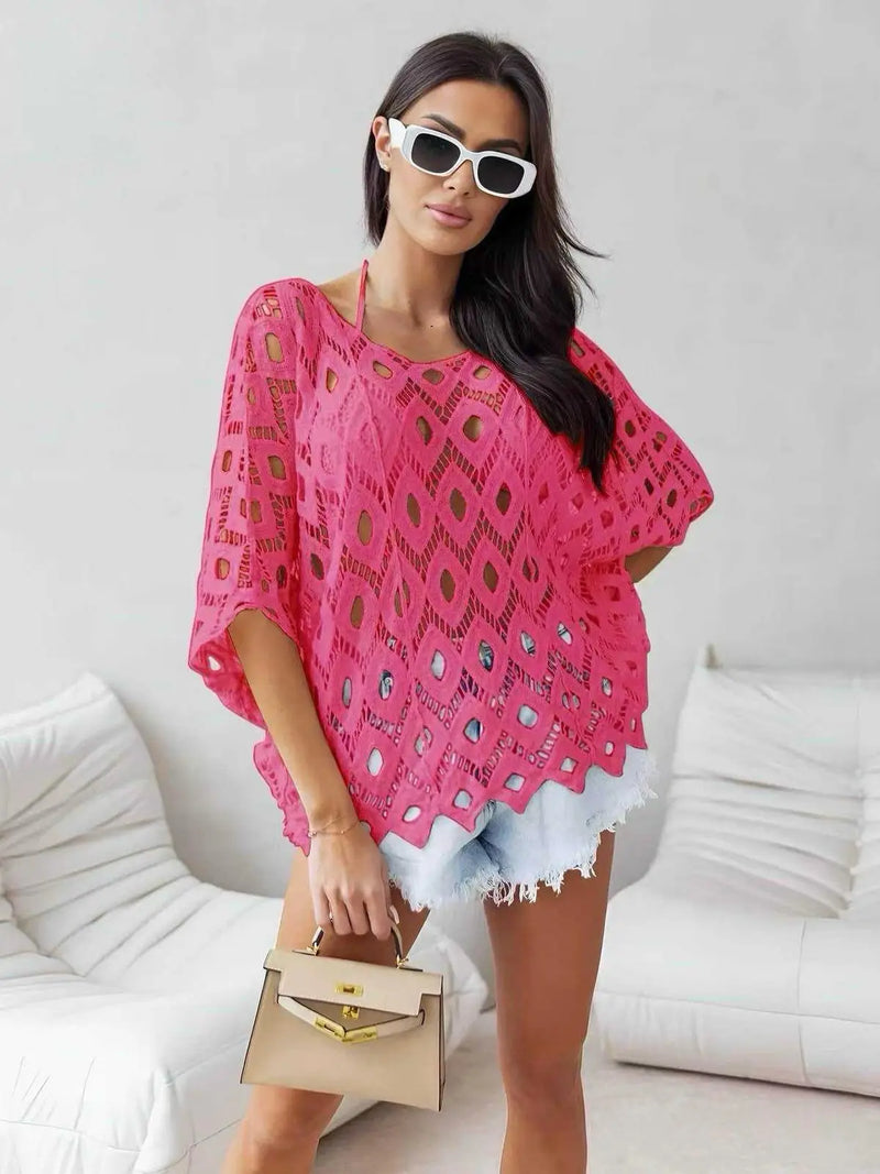 Italian Cotton Crochet Open Weave Top - Fuchsia