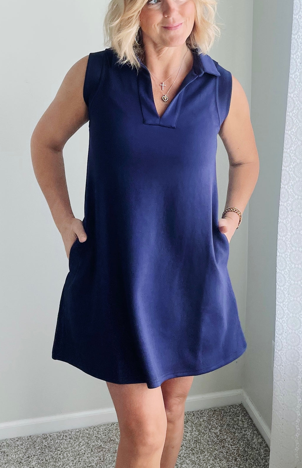 navy blue shift dress Modal Collared Sleeveless Dress