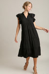 Ruffle Sleeve Tiered Midi Dress - Black