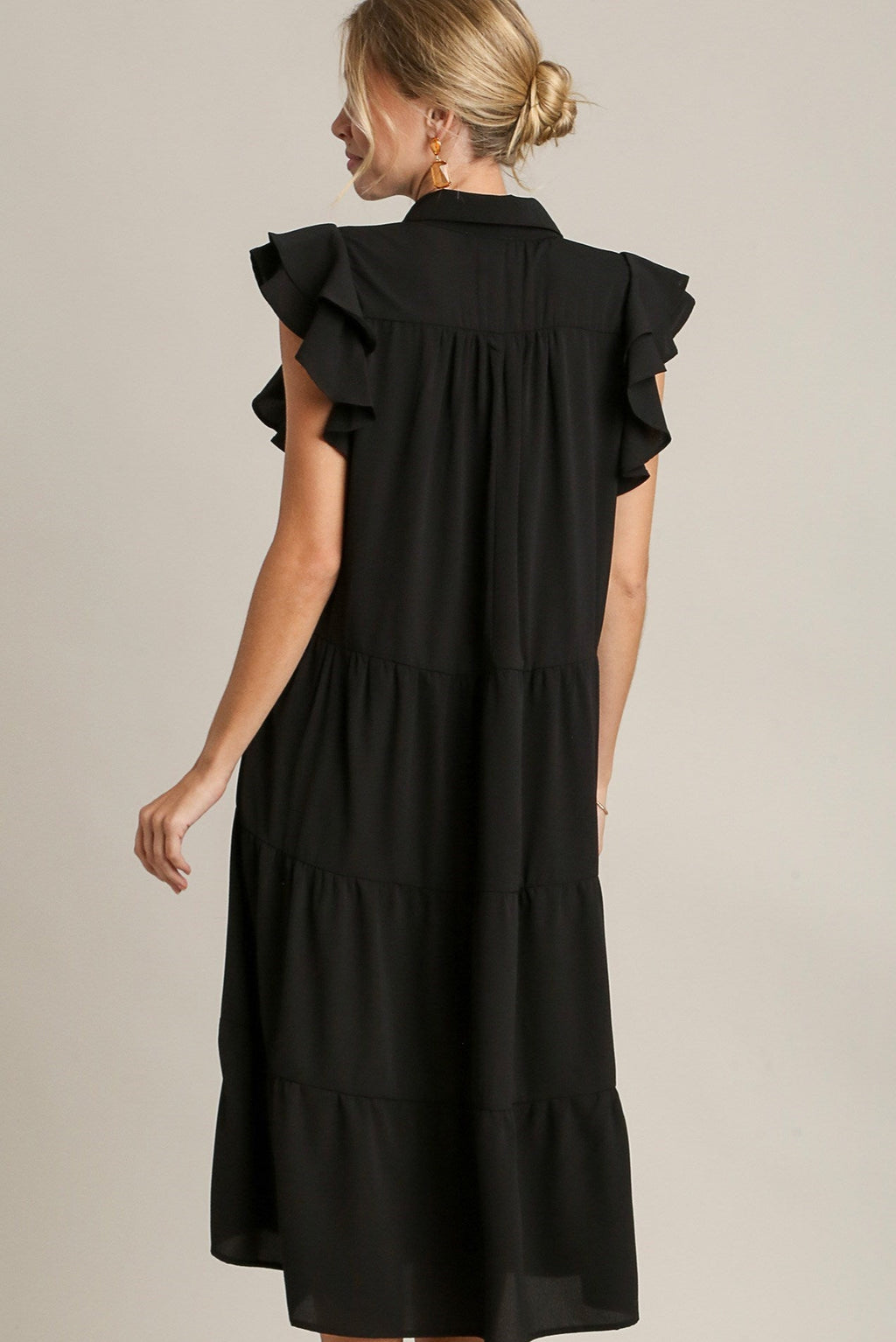 Ruffle Sleeve Tiered Midi Dress - Black