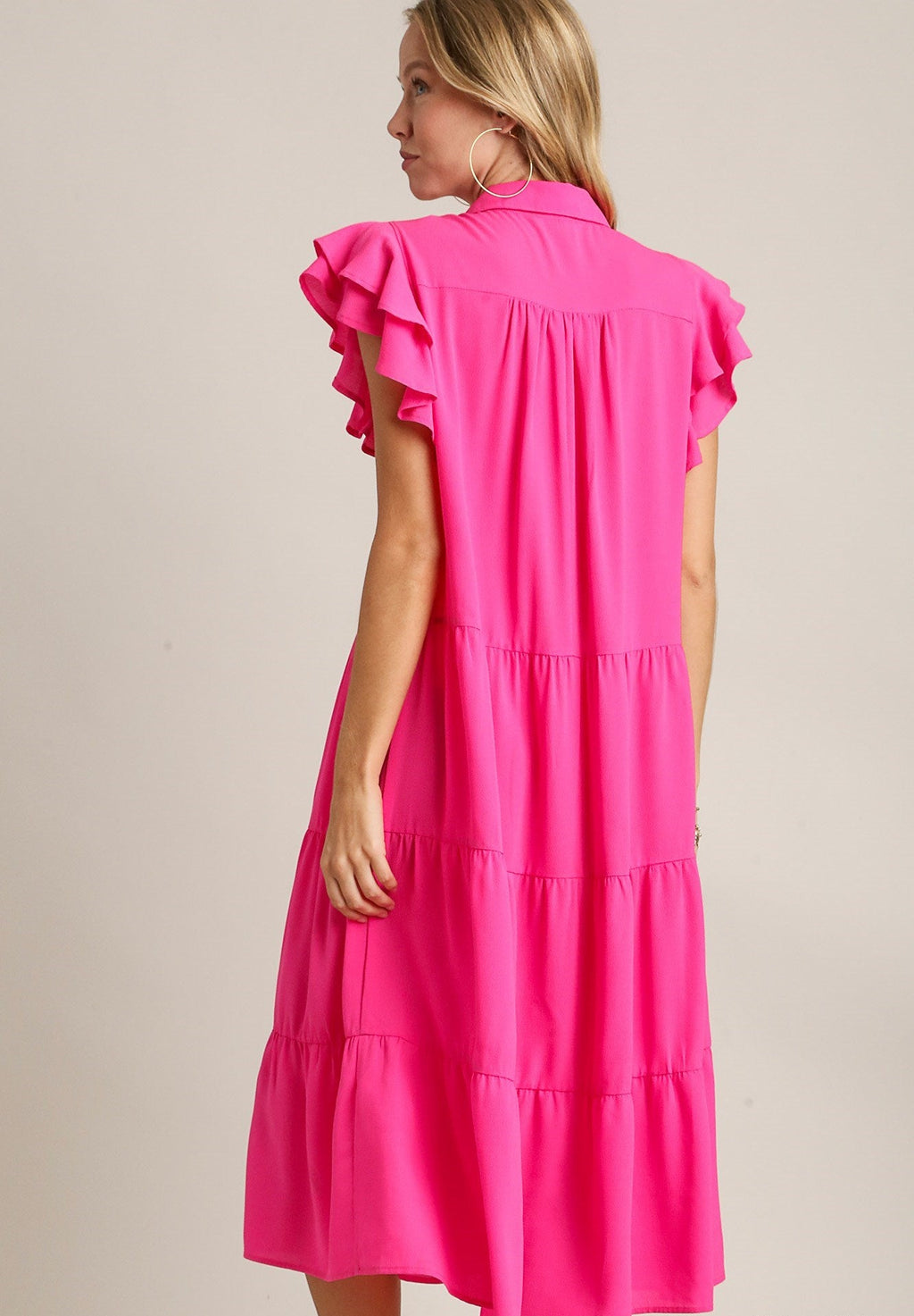 Ruffle Sleeve Tiered Midi Dress - Hot Pink