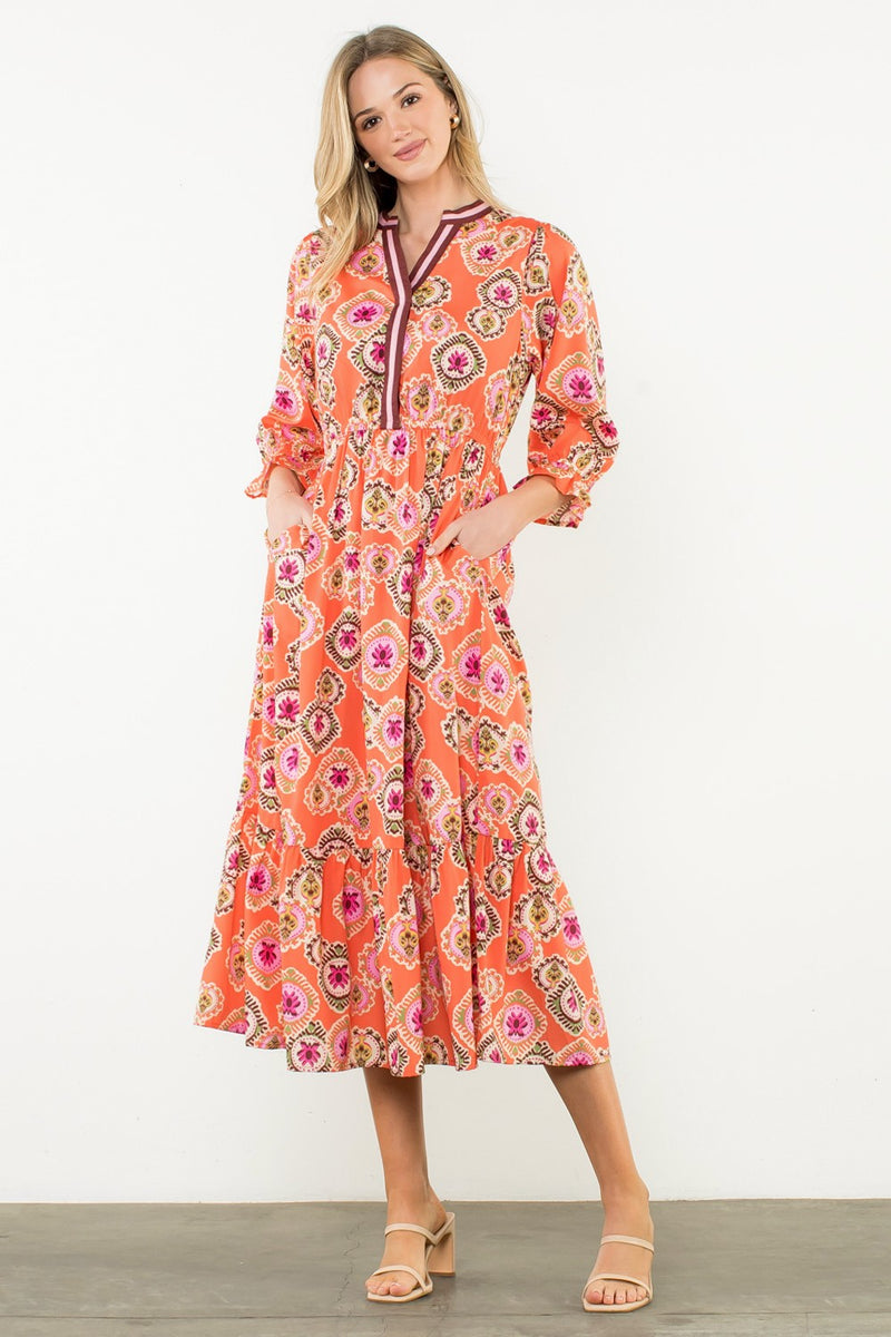 Accent Trim Maxi Dress - Orange Multi