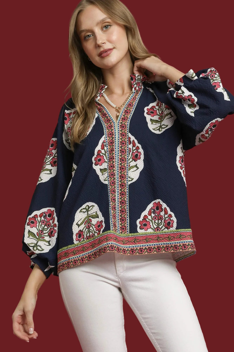 Accent Trim V-Neck Floral Top - Navy