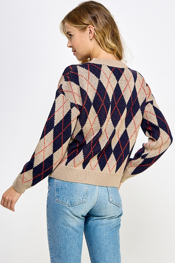 Crewneck Argyle Sweater - Taupe/Navy