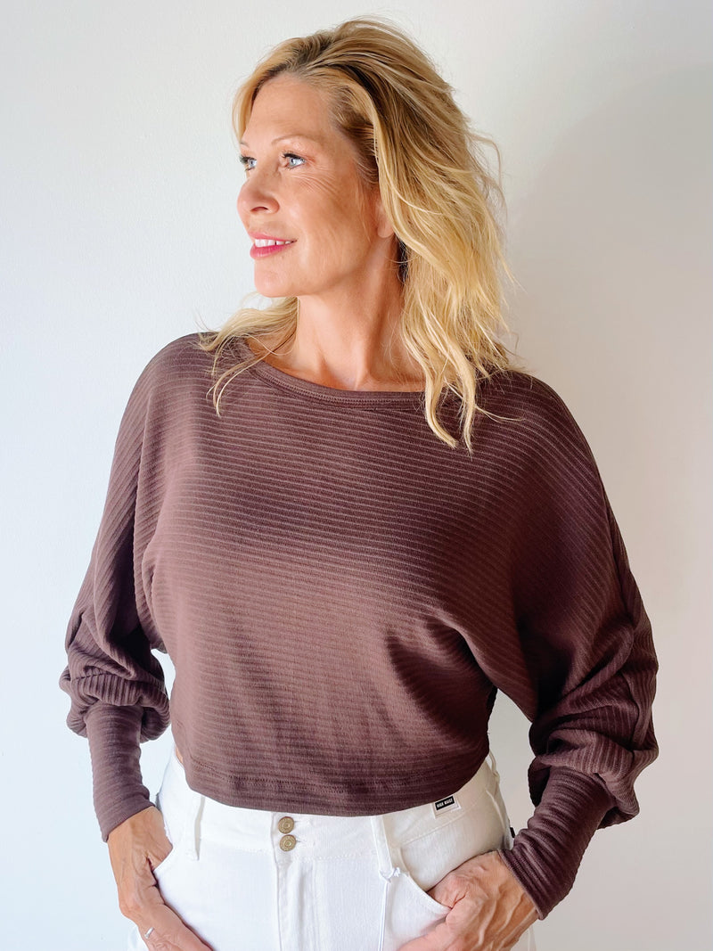 Ribbed Batwing Sleeve Top - Brown