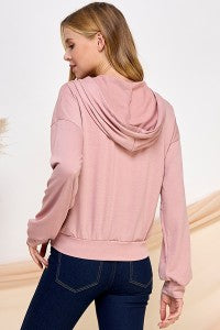 Zip-Up Heathered Hoodie Top - Pink