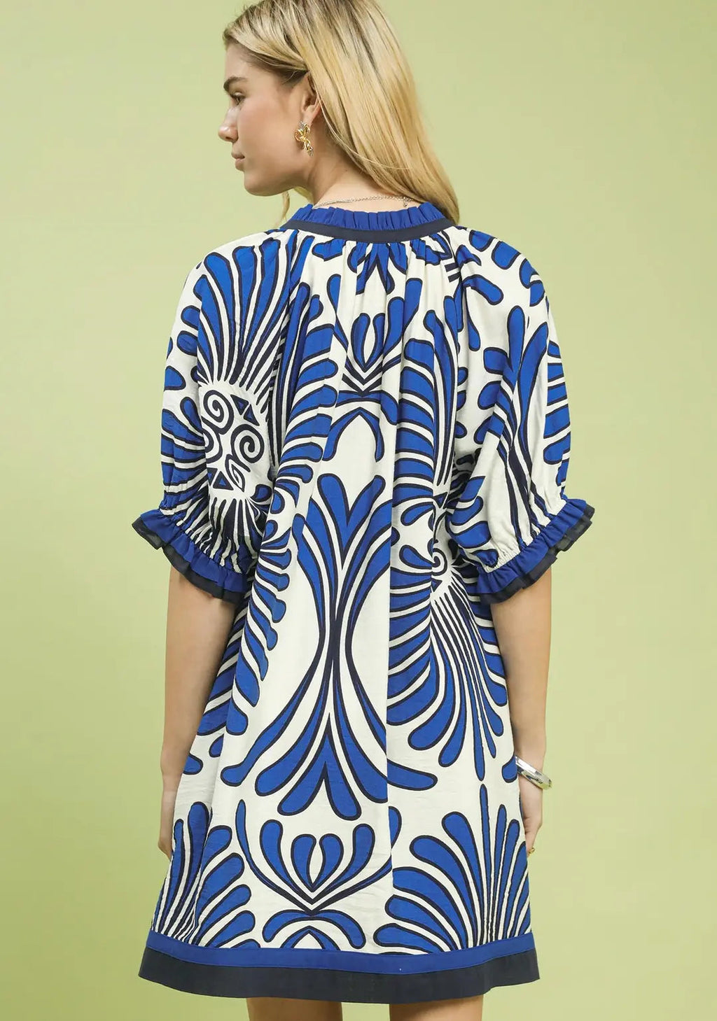 bold blue dress Maxi Blue Satin Dress with Ruffle and Deep Slit. Bare back