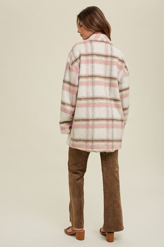 Brushed Plaid Open Front Shacket - Taupe/Pink