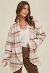 Brushed Plaid Open Front Shacket - Taupe/Pink