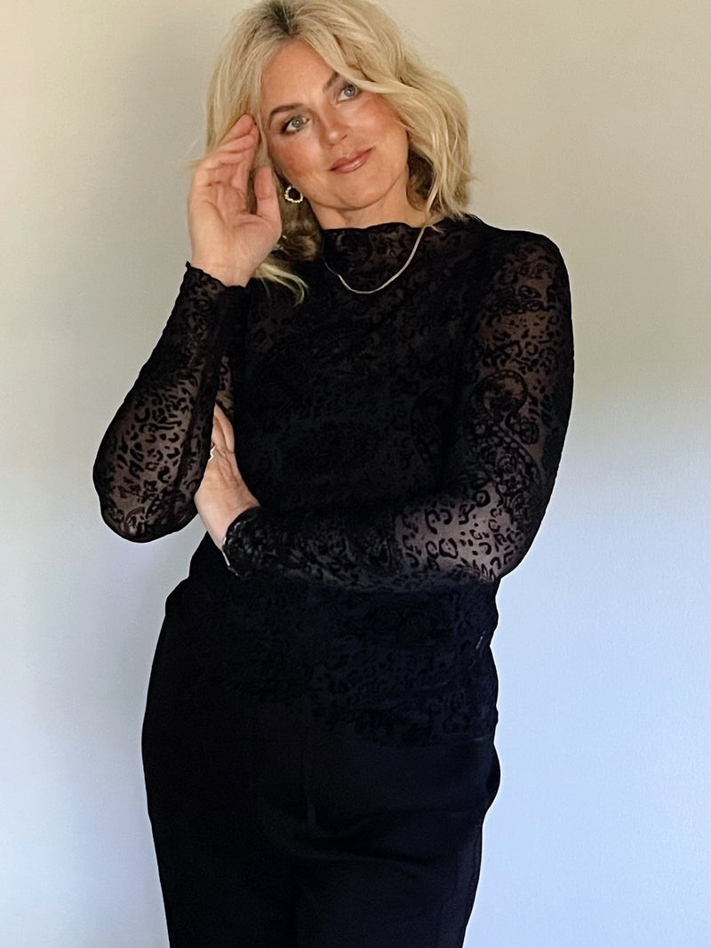 Sheer Burnout Print Top - Black