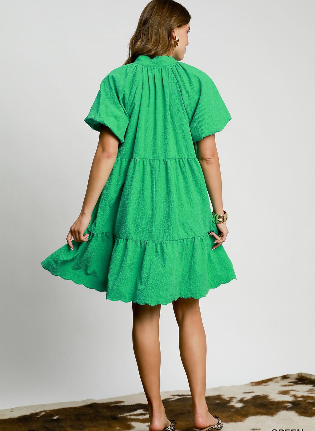 Scalloped Edge Tiered Dress - Green