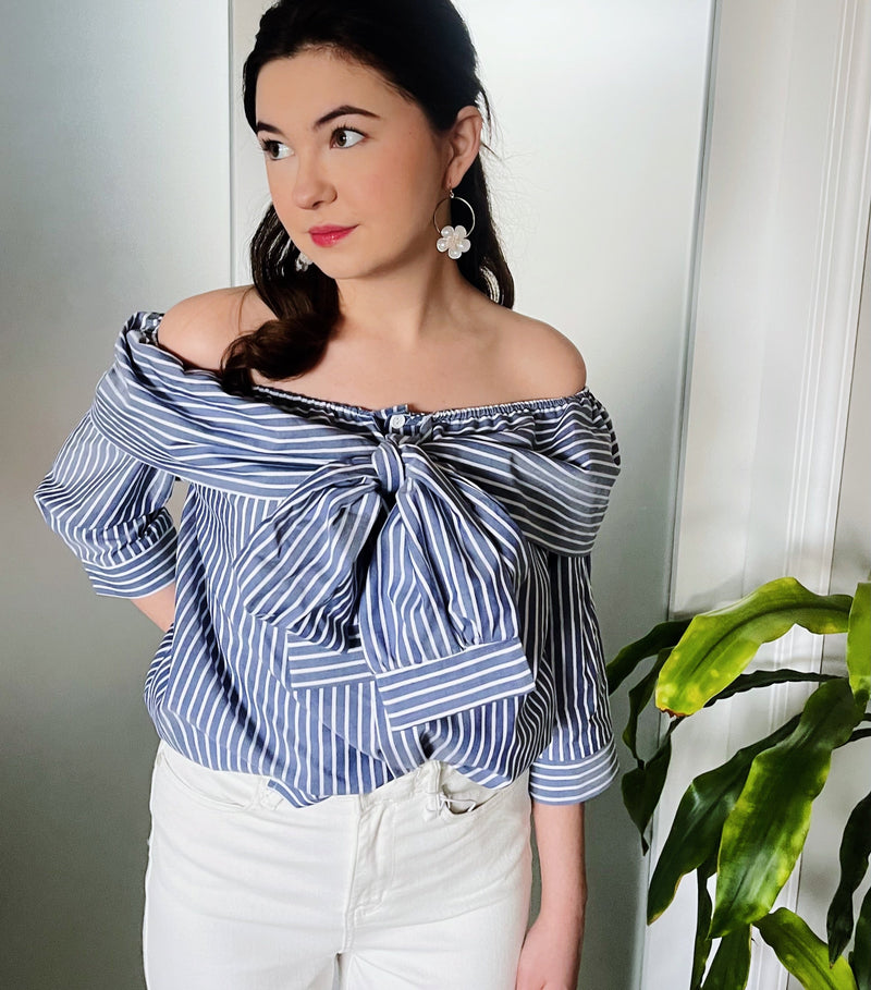 Bow Sash Off-Shoulder Top - Navy/White