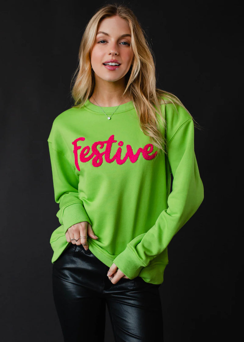 "Festive" Crewneck Top - Kiwi/Hot Pink